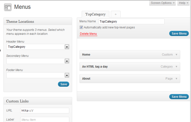 WordPress custom menu screen